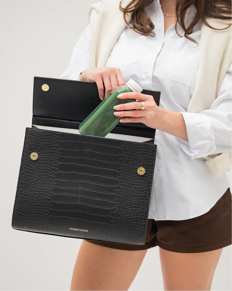 Large Luncher - Black Croc | Designer, Insulated Lunch Bag, 2+