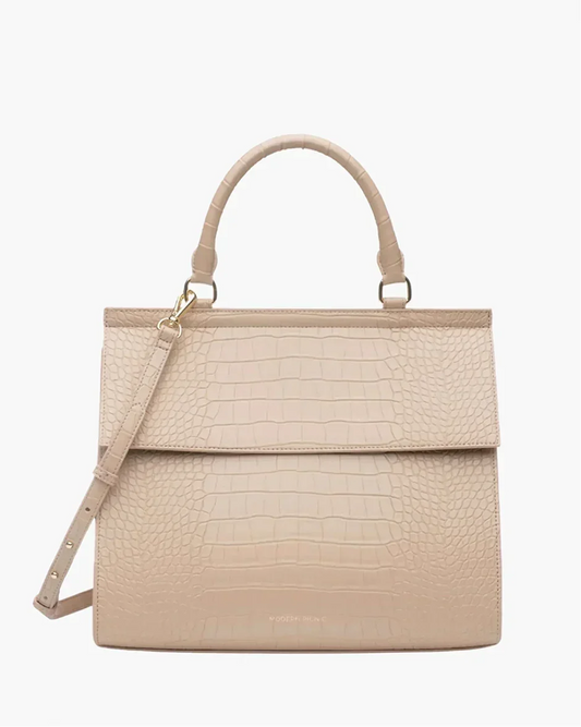 Cream vegan leather lunch bag with crocodile texture, top handle, and crossbody strap