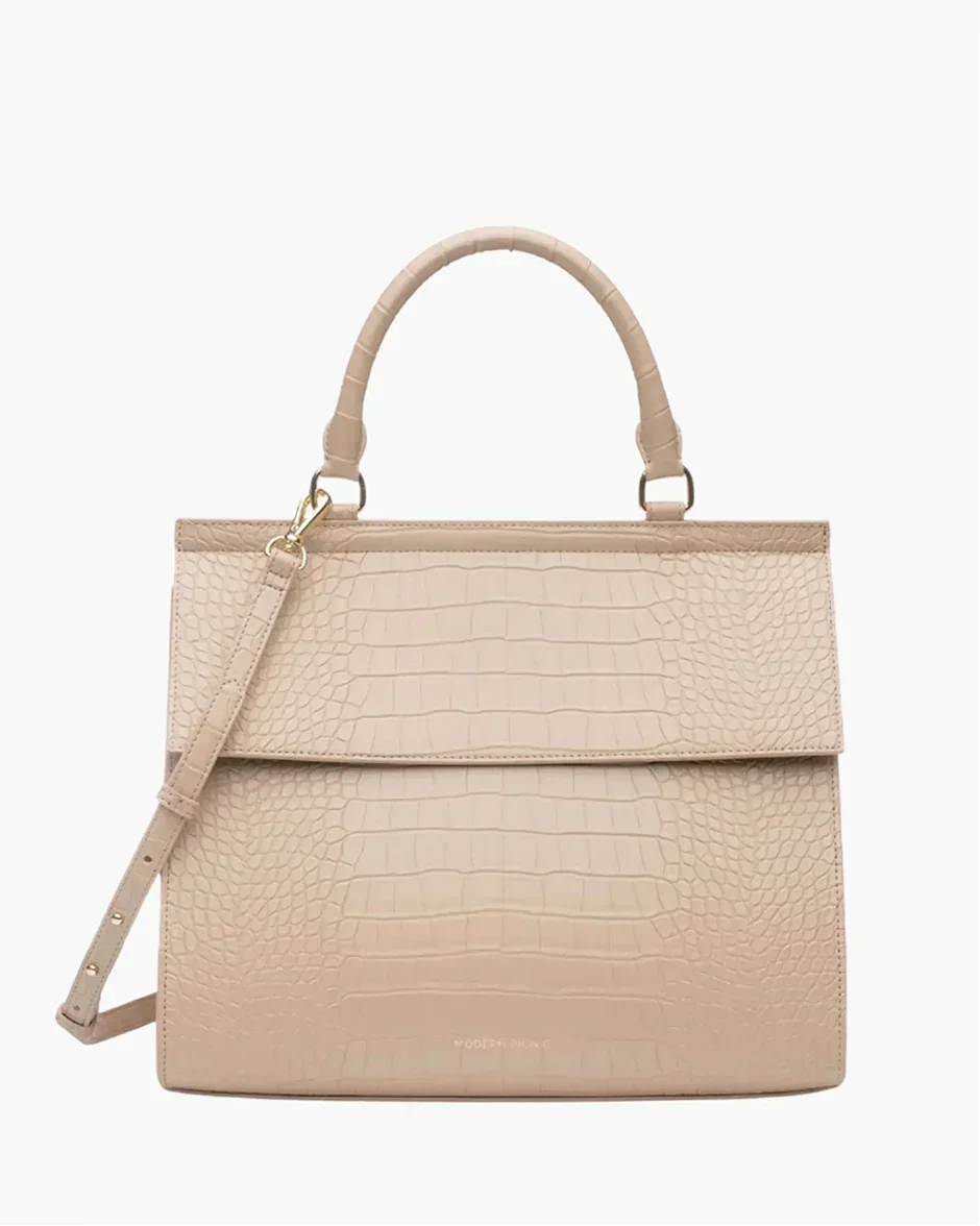 Cream vegan leather lunch bag with crocodile texture, top handle, and crossbody strap