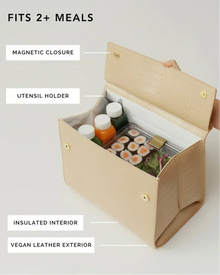 Cream croc vegan leather insulated lunch bag open, showing meals, drinks, utensil holder, and magnetic closure.