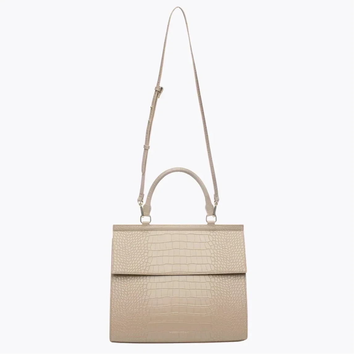 Cream vegan leather lunch bag with croc-embossed texture and adjustable long strap