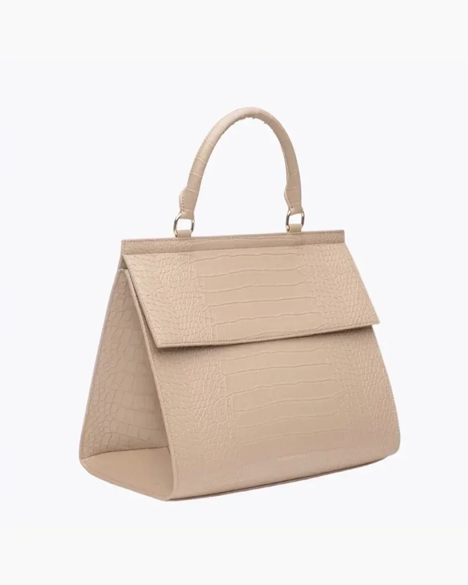 Cream vegan leather lunch bag with crocodile texture and top handle, side view