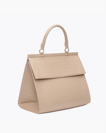 Cream vegan leather lunch bag with crocodile texture and top handle, side view