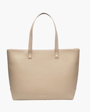 Modern Picnic Tote in cream vegan leather with gold logo detail on white background.