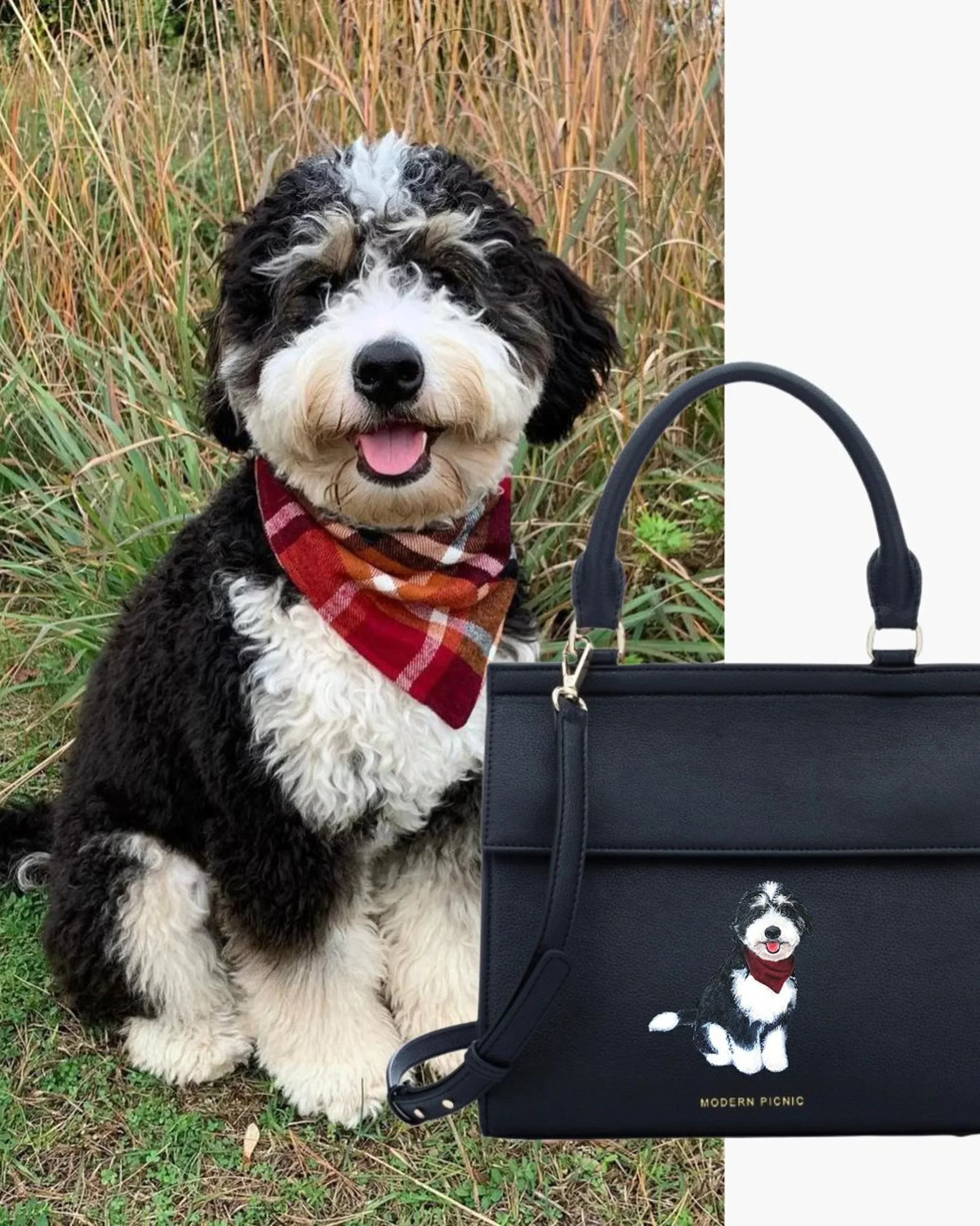 Black and white dog with red plaid bandana beside black insulated vegan leather lunch purse featuring dog illustration