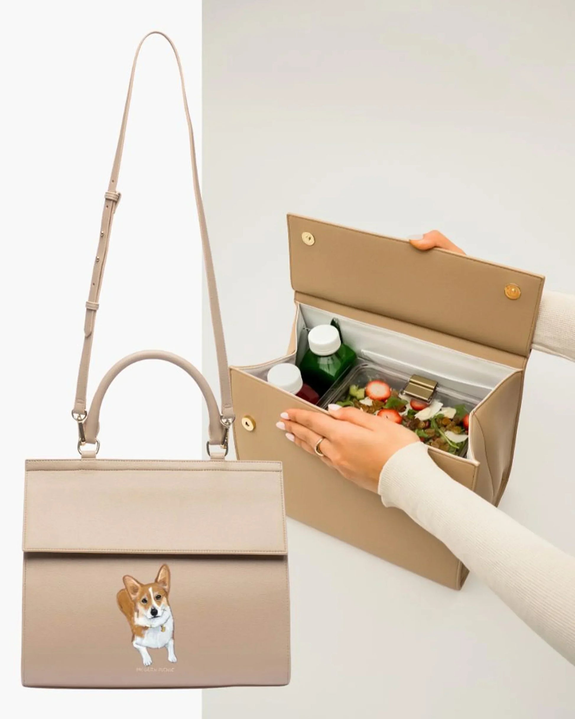 Beige vegan leather insulated lunch bag with corgi illustration, packed with drinks and salad