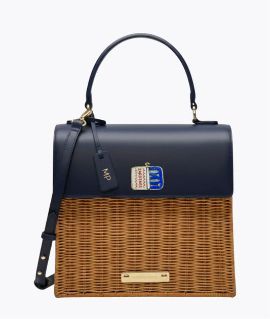 Navy blue and wicker tote with sardine patch, vegan leather, insulated lunch bag for work or travel
