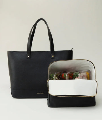 Black vegan leather tote bag and matching insulated lunch bag with food containers.