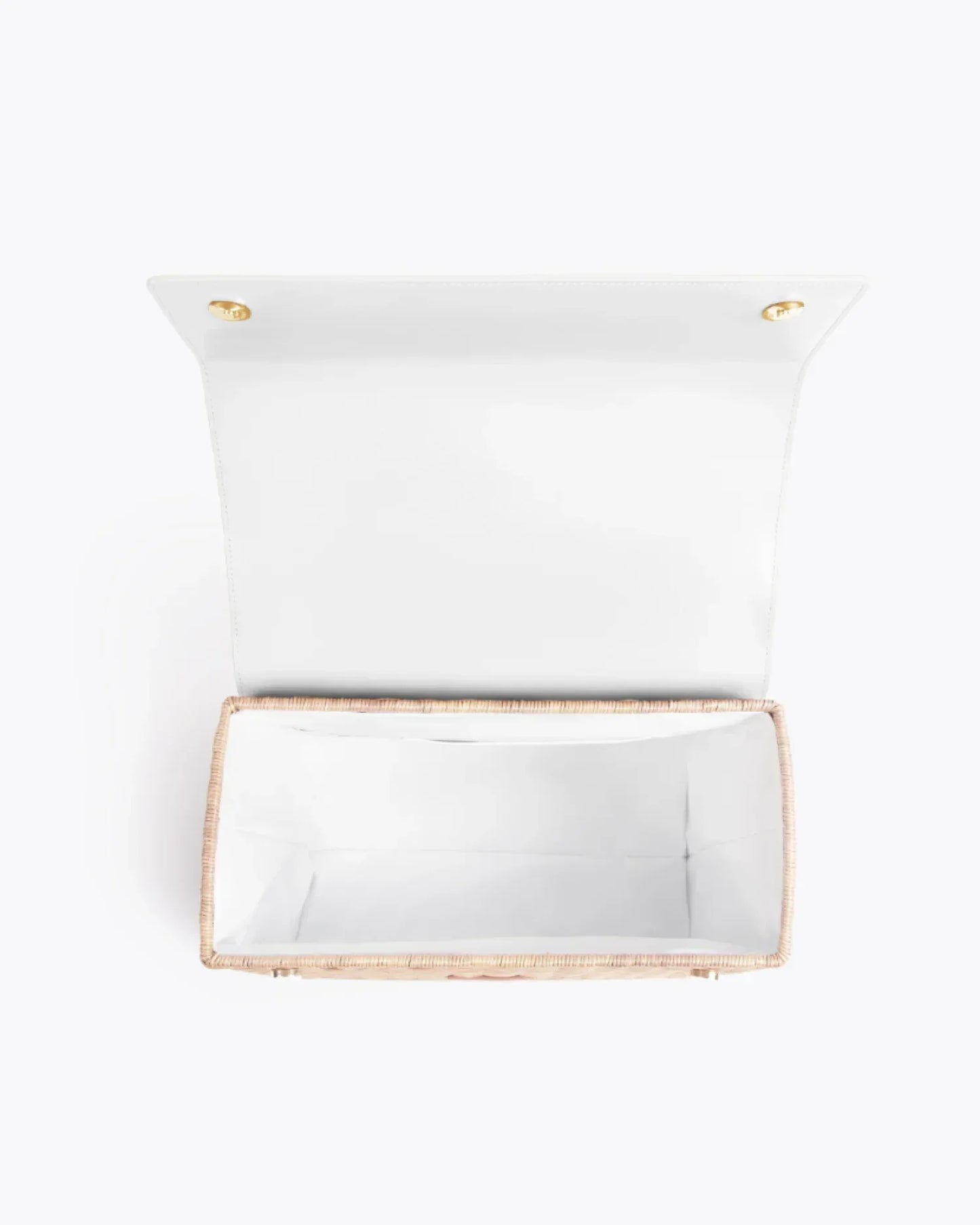 White insulated lunch bag with woven trim, open to show spacious interior for work or picnic