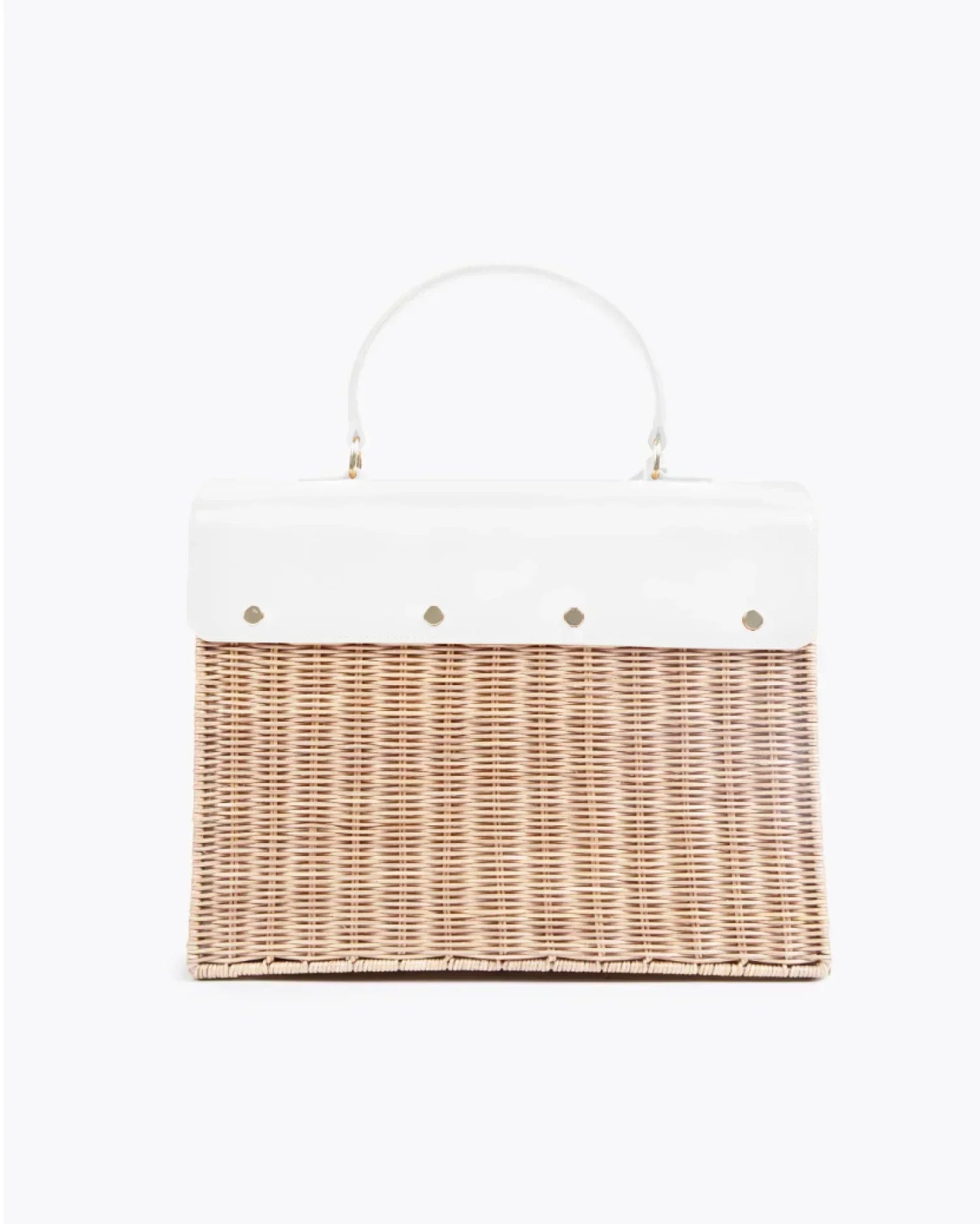 Woven wicker lunch tote with white top handle, chic insulated bag for work or picnics