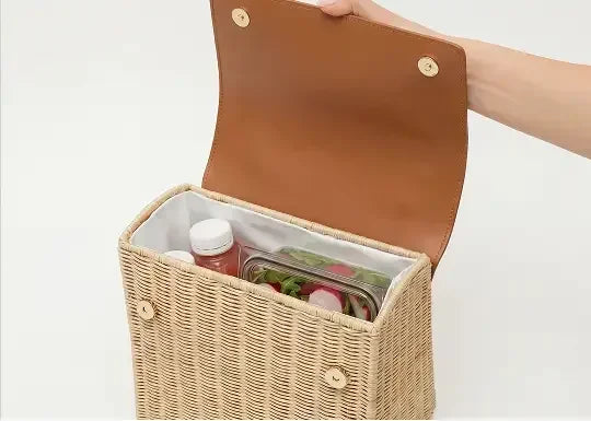 Woven picnic tote with insulated interior holding food containers and drinks, perfect for work or travel.