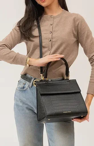 Stylish black vegan leather tote with crocodile texture, perfect for work or travel