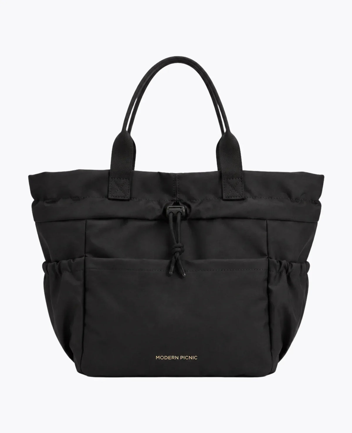 Black Modern Picnic insulated tote bag with two handles and drawstring closure