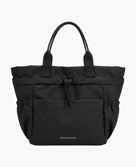 Black Modern Picnic insulated tote bag with two handles and drawstring closure