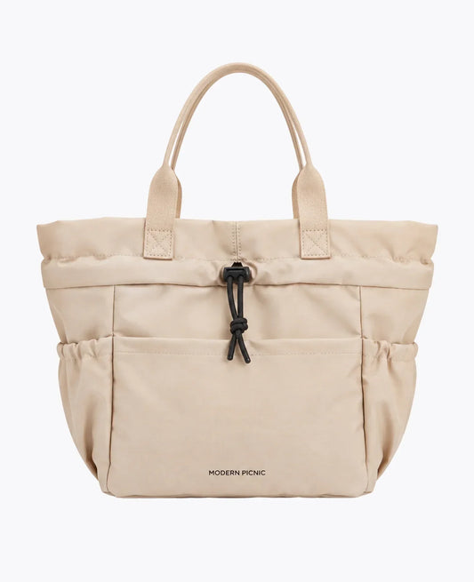 Beige Modern Picnic insulated tote bag with double handles and drawstring closure