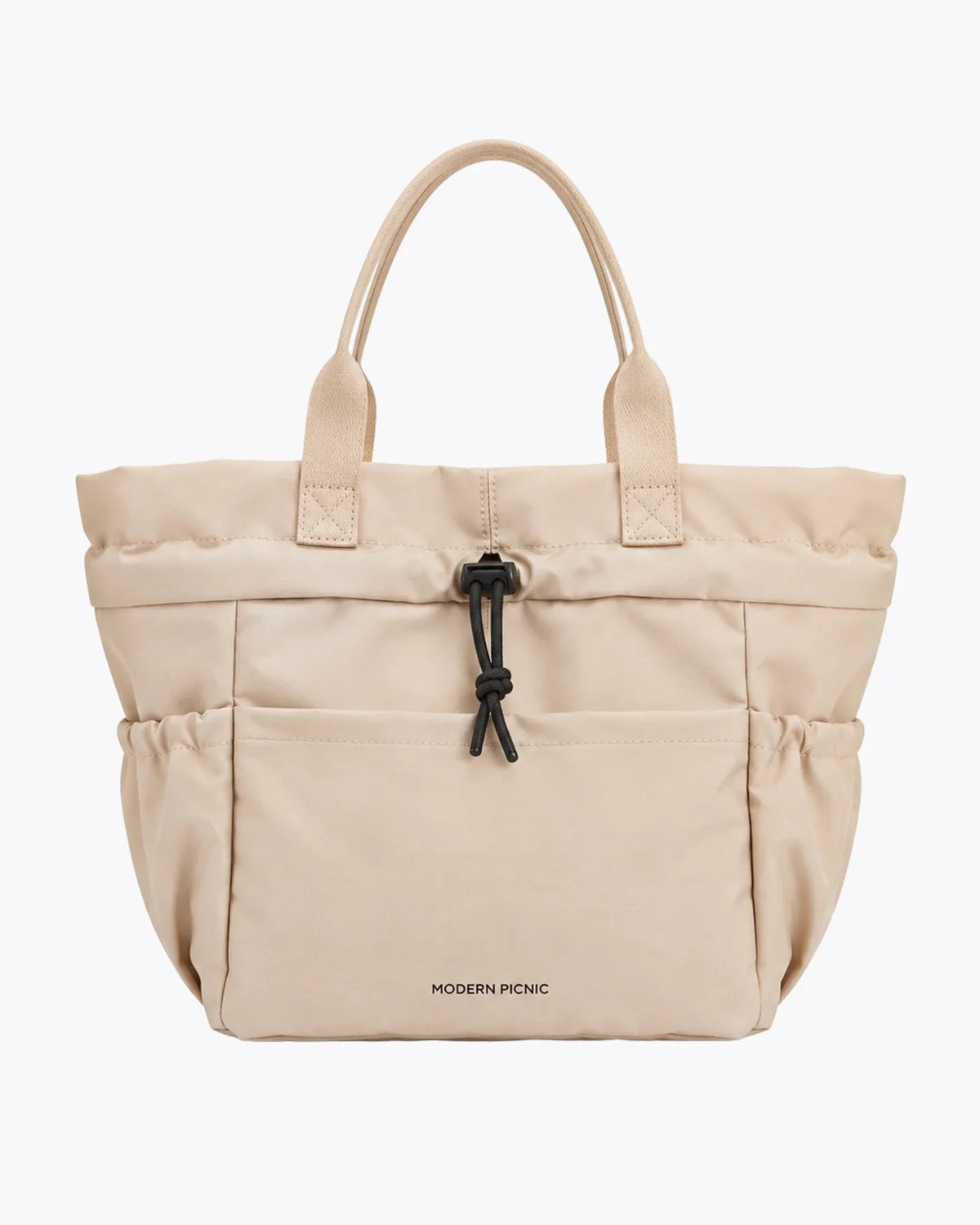 Modern Picnic beige insulated tote bag with shoulder straps and drawstring closure