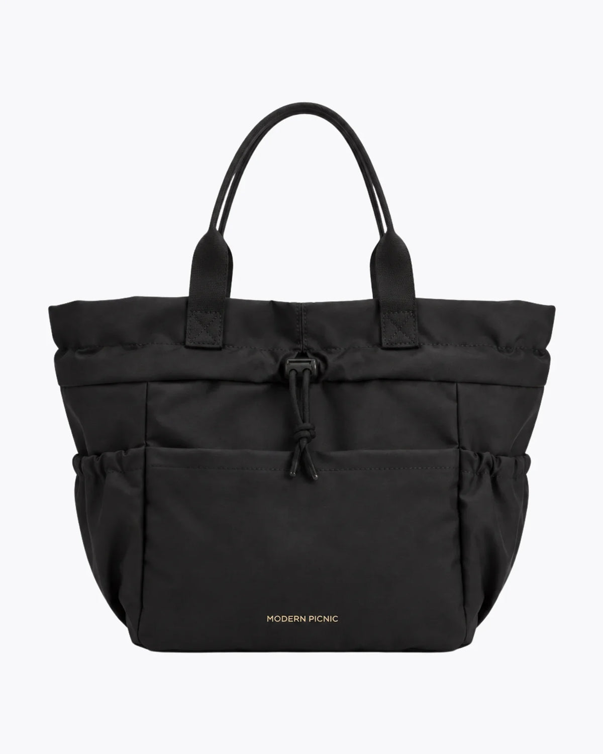 Black insulated vegan leather tote bag with drawstring closure and front pocket.