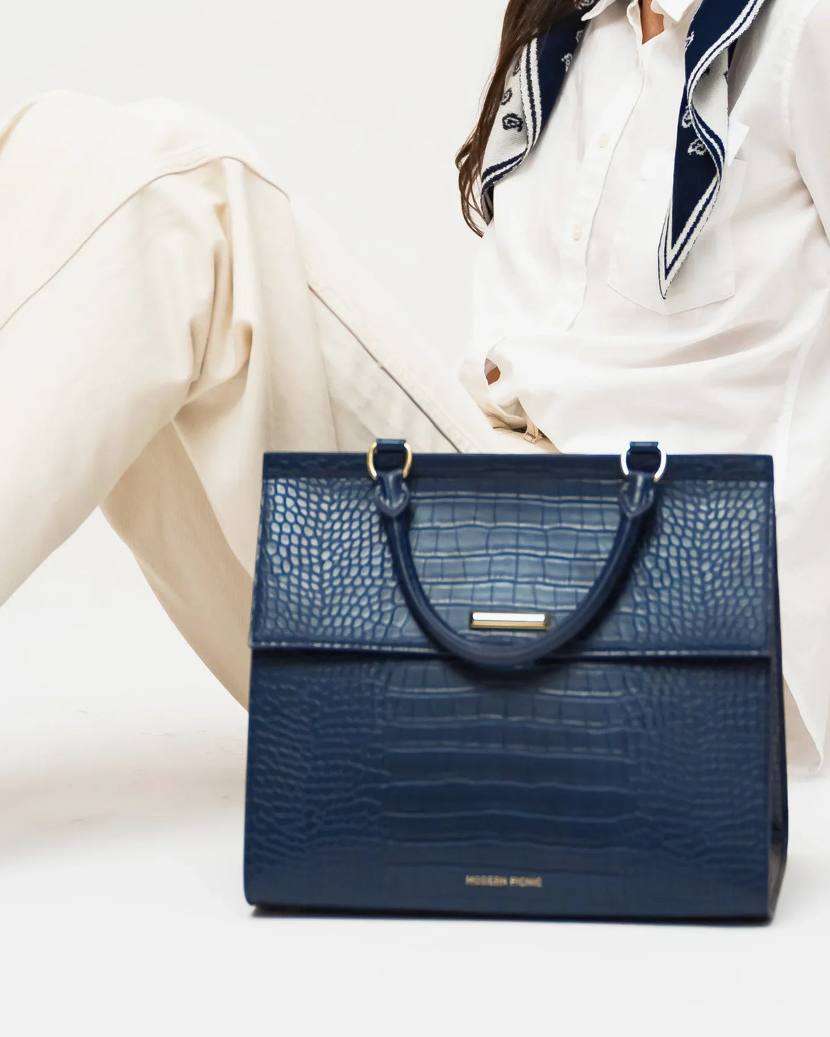 Navy blue vegan leather croc-embossed insulated lunch bag with gold hardware