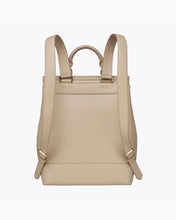Back view of the cream crocodile-embossed insulated backpack with adjustable shoulder straps and top carry handle.