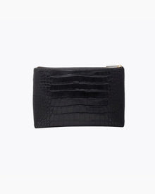 A back-facing studio shot of a rectangular black pouch made of crocodile-embossed vegan leather, featuring a gold zipper closure at the top.