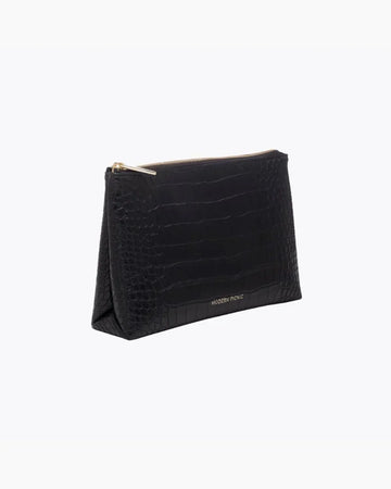 A three-quarter studio shot of a small black zippered pouch with an all-over crocodile-embossed texture. The bag has a gold zipper and a visible gold "MODERN PICNIC" logo along the side base.