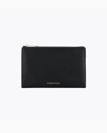A front-facing studio shot of a small, rectangular black pouch. The bag is made of pebbled vegan leather and features a gold zipper along the top. The gold "MODERN PICNIC" logo is subtly stamped near the bottom center.