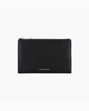 A front-facing studio shot of a small, rectangular black pouch. The bag is made of pebbled vegan leather and features a gold zipper along the top. The gold "MODERN PICNIC" logo is subtly stamped near the bottom center.