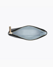 An overhead view of a small black zippered pouch held fully open, revealing the empty white insulated interior lining and a gold zipper with a large pull tab.