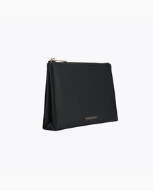 A three-quarter studio shot of a small black zippered pouch with a pebbled texture. The bag has a gold zipper and a visible gold "MODERN PICNIC" logo along the base.