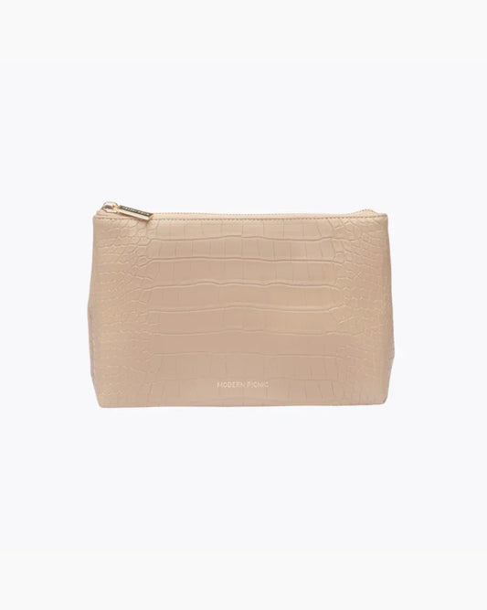 A front-facing studio shot of a small, rectangular cream pouch. The bag is made of crocodile-embossed vegan leather and features a gold zipper along the top. The "MODERN PICNIC" logo is subtly stamped near the bottom center.