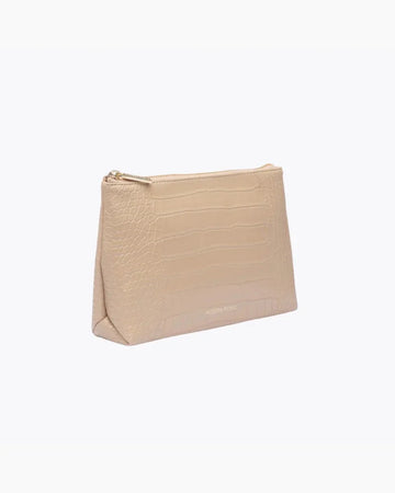 A three-quarter studio shot of a small cream zippered pouch with an all-over crocodile-embossed texture. The bag has a gold zipper and a visible gold "MODERN PICNIC" logo along the side base.