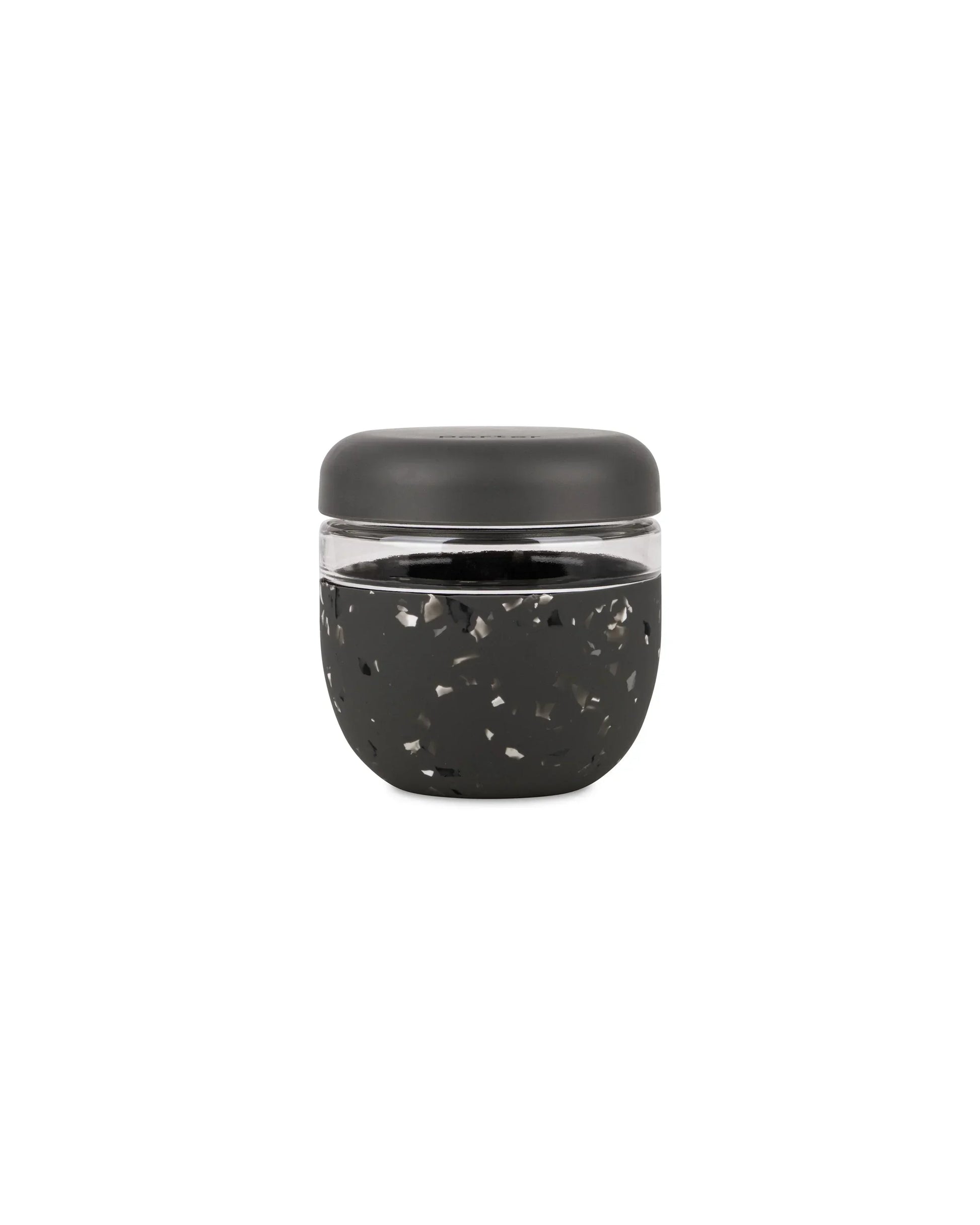 Charcoal terrazzo insulated food container with secure lid, 24oz, on white background