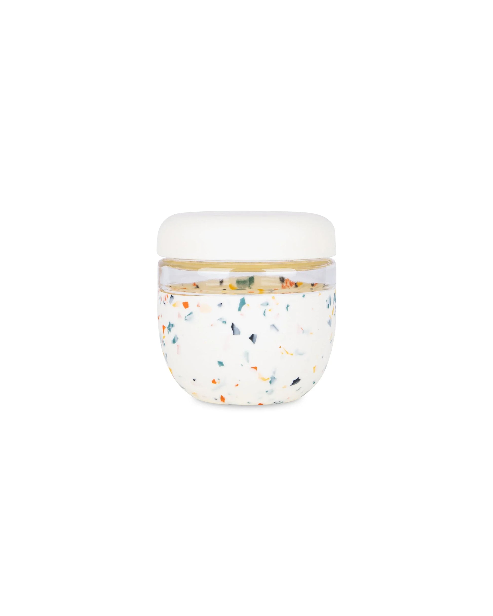 24oz cream terrazzo reusable food storage bowl with airtight lid on white background