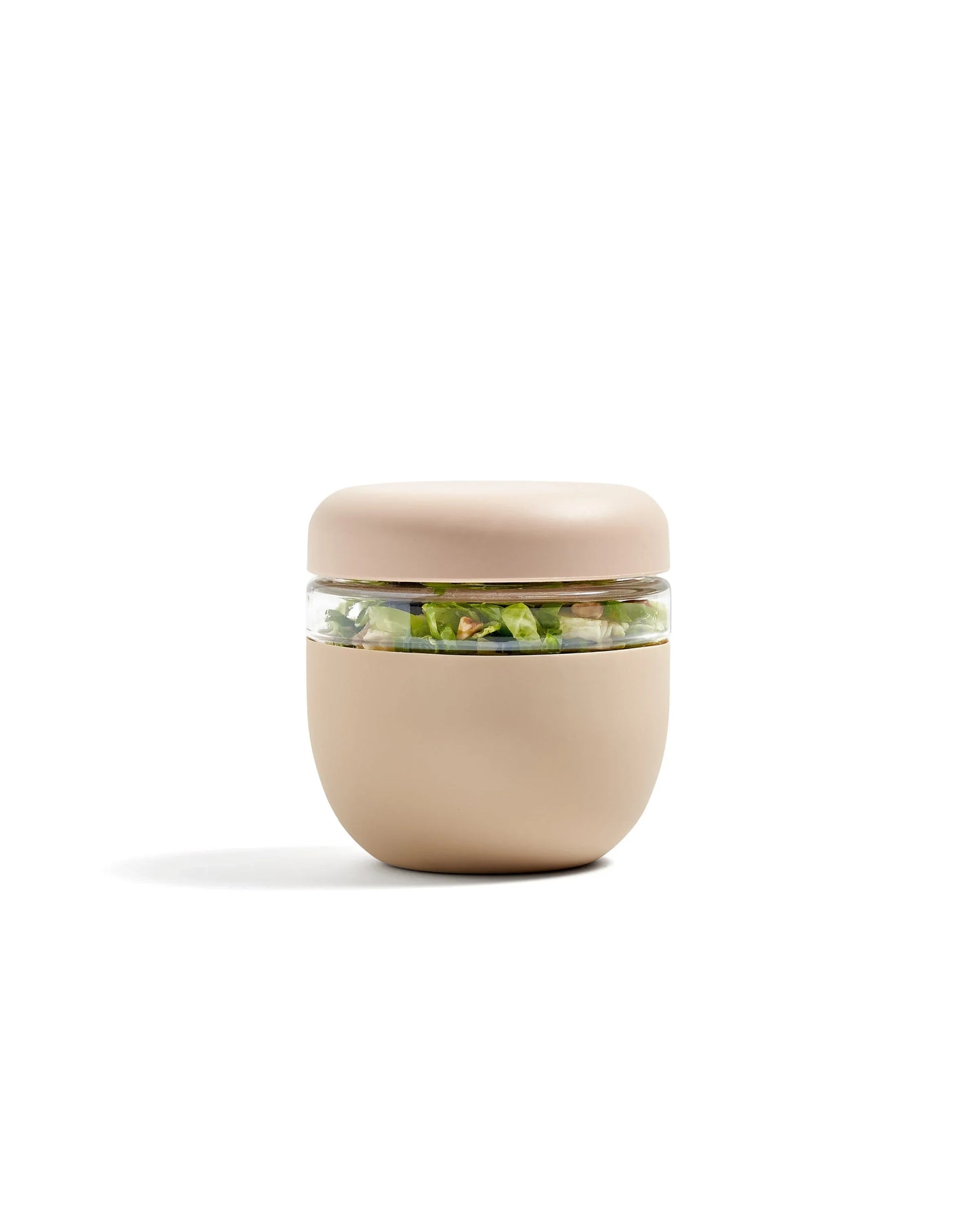 Beige insulated food container with clear window showing salad, on white background