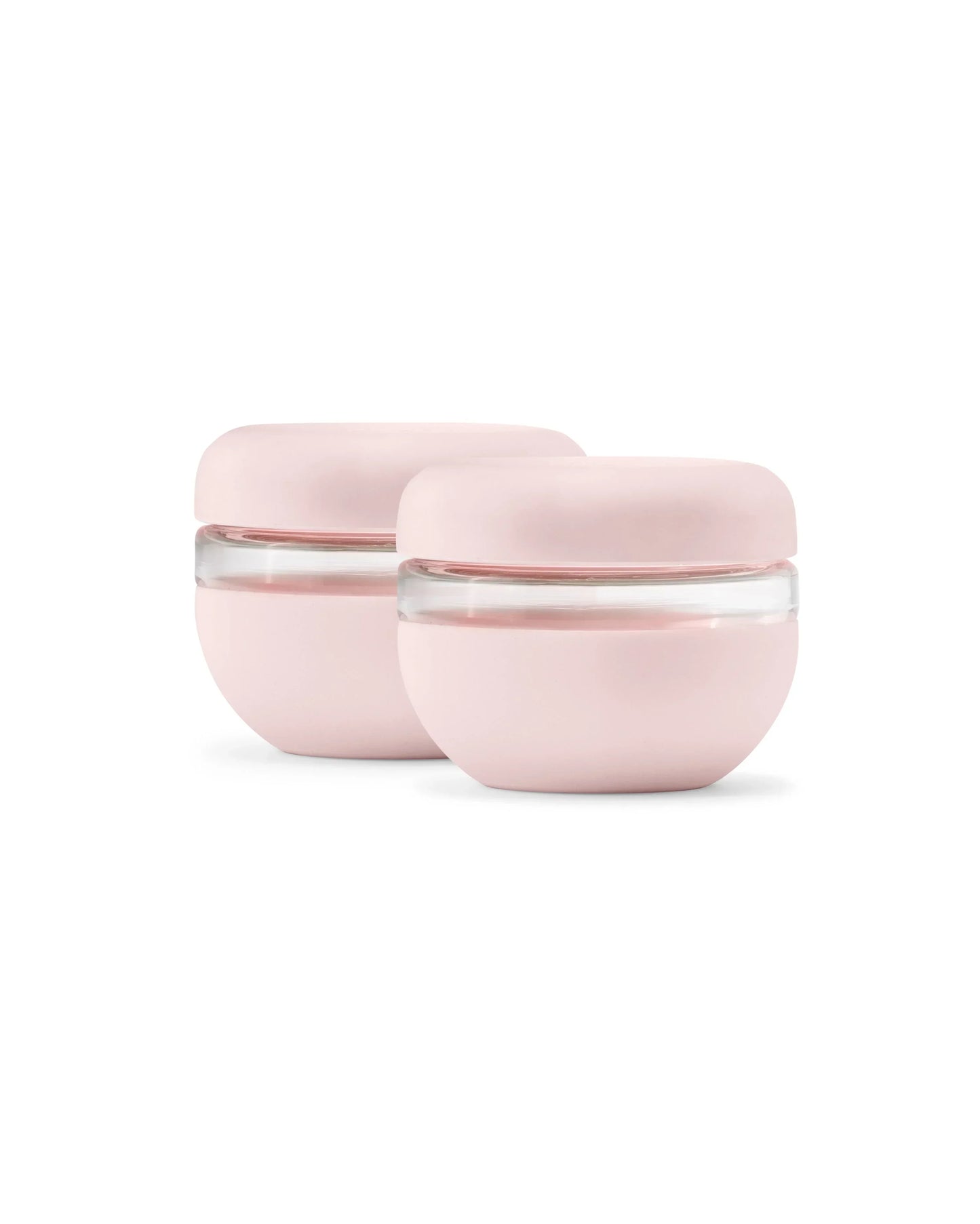 Set of two blush pink insulated food containers with clear, airtight lids on a white background.