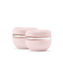 Set of two blush pink insulated food containers with clear, airtight lids on a white background.