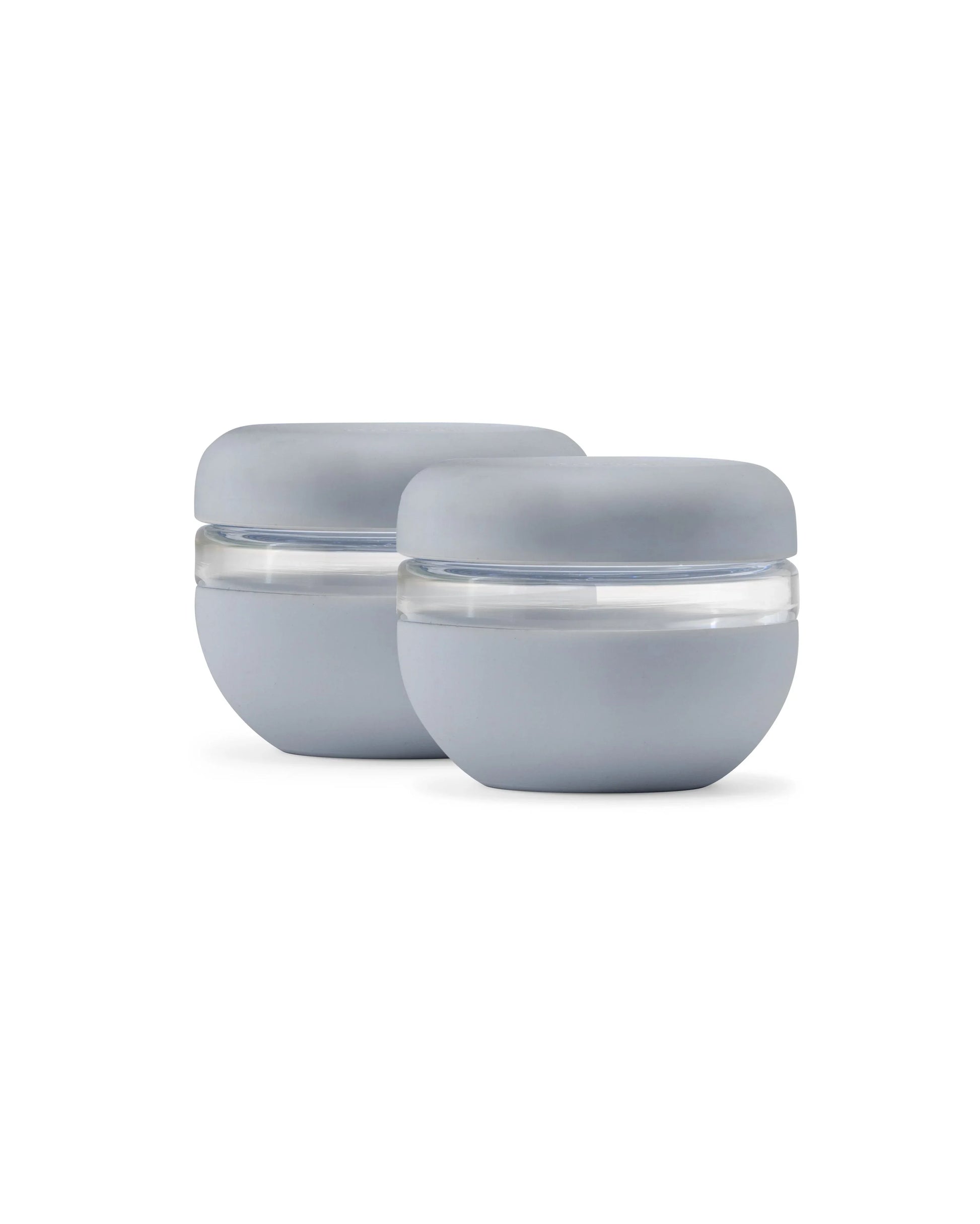 Two slate gray seal-tight insulated food containers with clear bands, on white background.