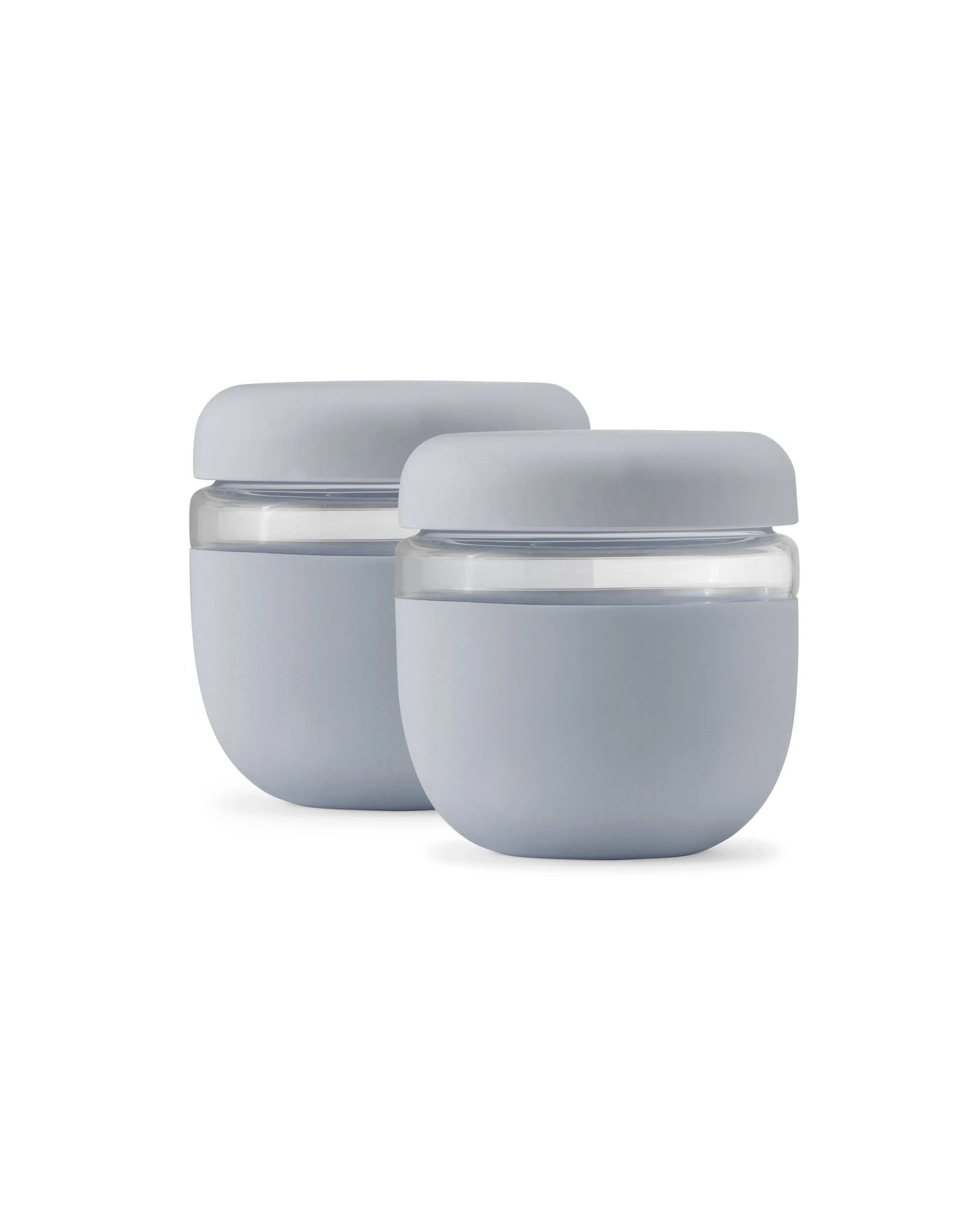 Set of two slate grey, leakproof, insulated food storage bowls on white background