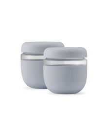 Set of two slate grey, leakproof, insulated food storage bowls on white background