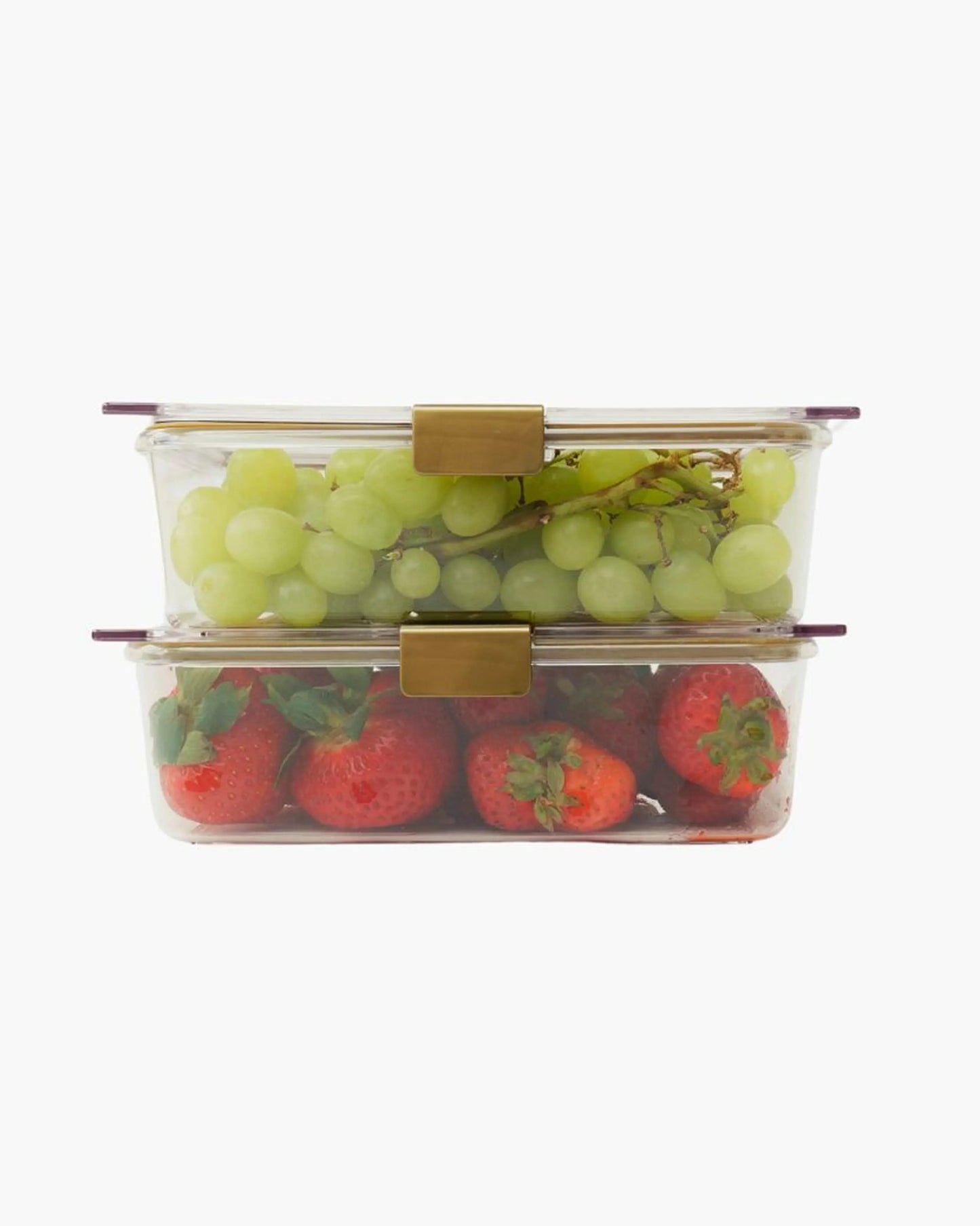 Stacked glass food containers with green grapes and strawberries, insulated lunch storage