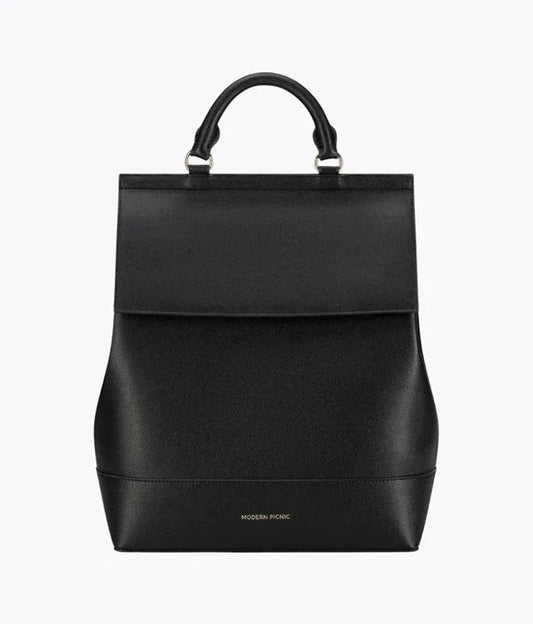 Black vegan leather insulated lunch tote bag with top handle