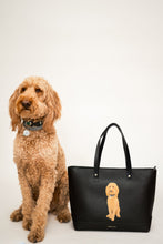 Black Modern Picnic luncher with custom golden doodle portrait, shown next to matching dog