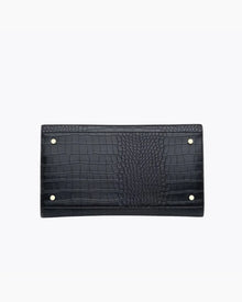 Bottom view of black croc large luncher with gold accents 