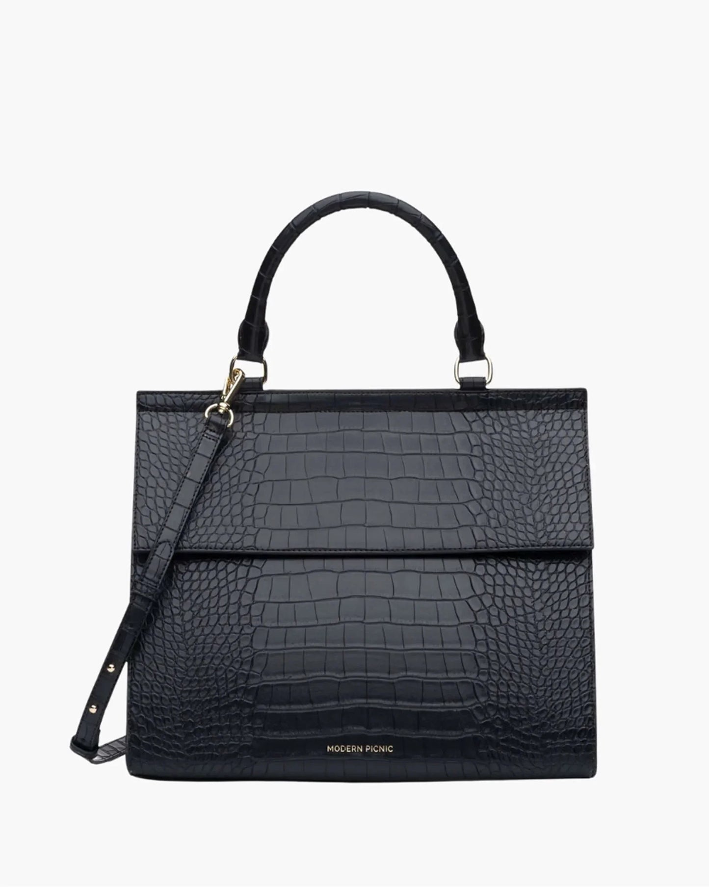 The Large Luncher in Black Croc vegan leather shown from the front with detachable strap. 