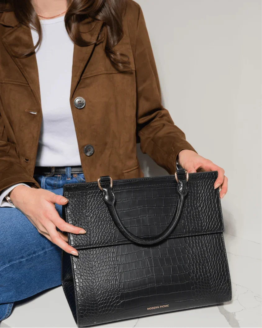 Large Luncher - Black Croc | Designer, Insulated Lunch Bag, 2+