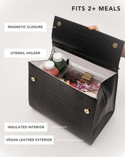 Inside view of The Large Luncher - Black Croc displaying an insulated interior fitting two meals and drinks.