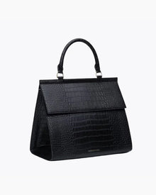 Side angle view of The Large Luncher - Black Croc showing structured design and top handle.
