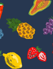 Colorful fruit illustrations including pineapple, lemon, strawberry, grapes on dark background