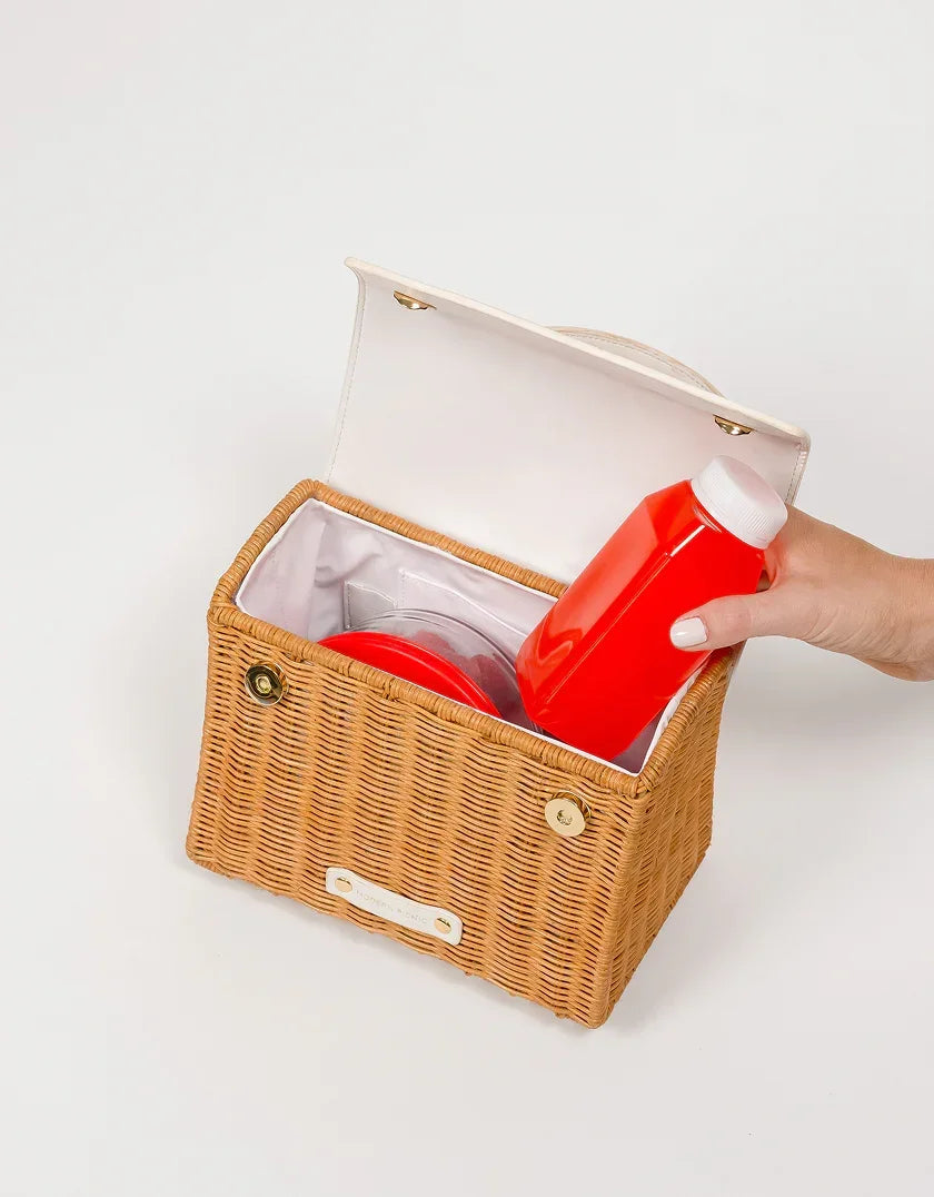 Chic insulated lunch bag basket with white interior, holding red drink bottle and container