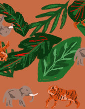 Pattern with illustrated elephants, tigers, and green tropical leaves on a brown background